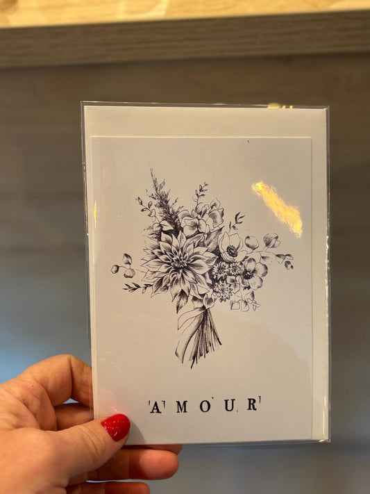Carte illustrée « AMOUR » – dessin floral en noir et blanc